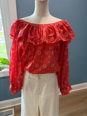 FIGUE Off Shoulder Silk Cotton Boho Blouse Pink Red Balloon Sleeve Top L